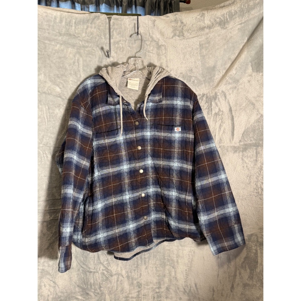 Dickies Women 2X Plaid Quilted Flannel Shirt Jacket Hooded Blue Brown FJW076A1G
